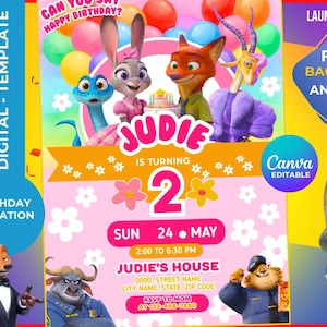 May include: A digital birthday invitation template with cartoon characters, balloons, and the text "JUDIE IS TURNING 2". The invitation includes event details and is Canva editable.