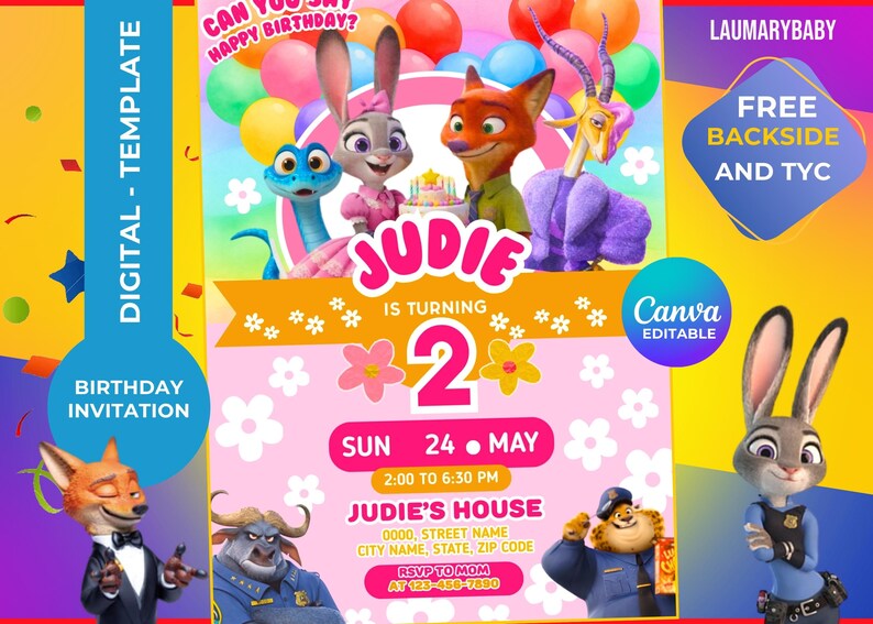 May include: A digital birthday invitation template with cartoon characters, balloons, and the text "JUDIE IS TURNING 2". The invitation includes event details and is Canva editable.