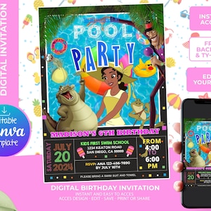 May include: Digital invitation for a pool party, featuring cartoon characters and the text "Pool Party". The invitation includes details for a 6th birthday, with date, time, and location. A phone displays the invitation. Pink and blue accents.