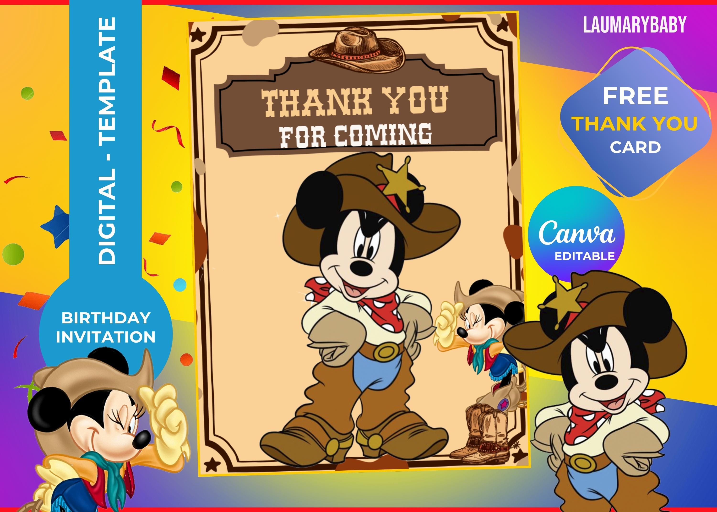 Mickey Rodeo Birthday Invitation Template: Editable +thank You Card ...