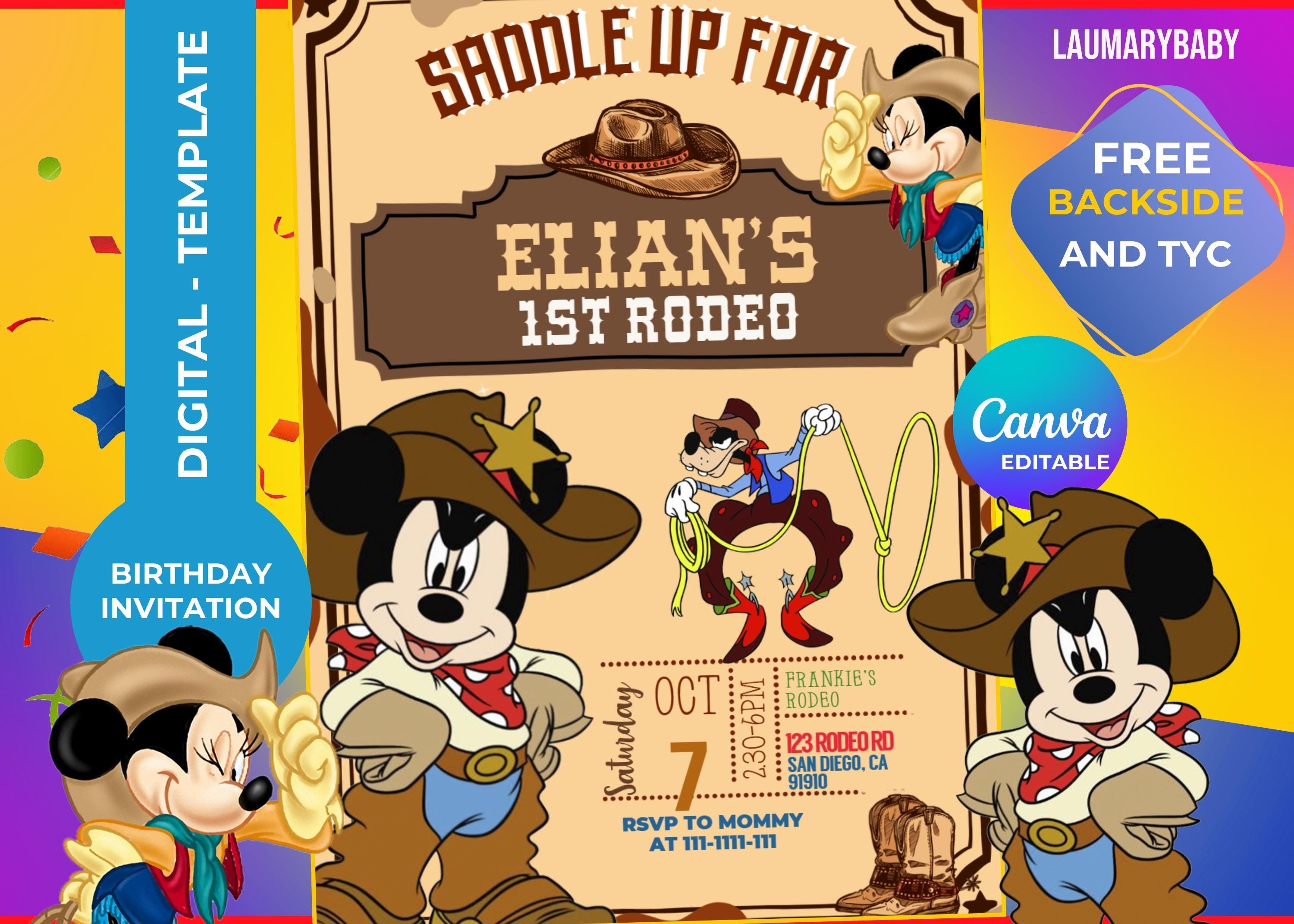 Mickey Rodeo Birthday Invitation Template: Editable +thank You Card ...