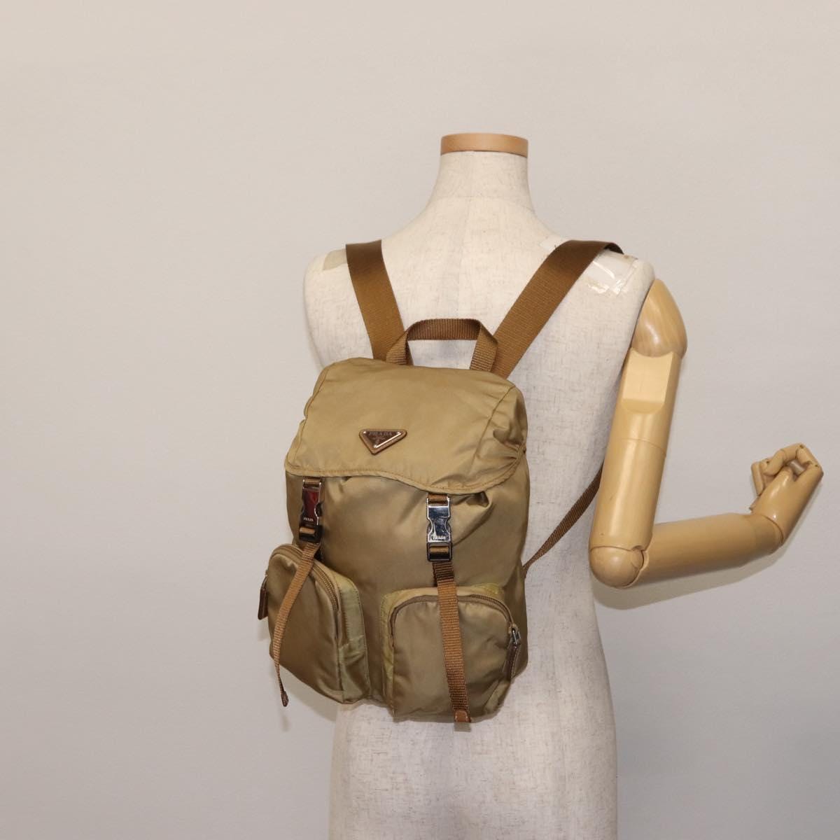 PRADA Backpack Nylon Beige Silver Auth 159998 PRADA Double Front Pocket Re-Nylon Backpack Bag Beige main image 2