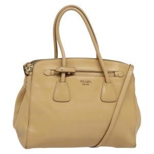 PRADA 2-Way Leather Handbag Beige Gold Auth