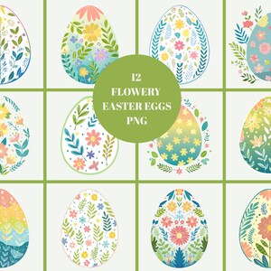 Lot de 12 oeufs de Pâques fleuris pour le printemps et les fêtes de fin d'année, impression PNG haute résolution incluse