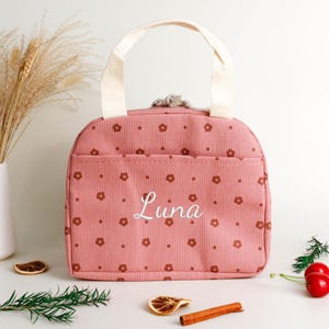 Sac à lunch personnalisé brodé de fleurs roses | Retour au cartable | Sac boîte à lunch pour enfants | Cadeau de rentrée scolaire | Sac à lunch isotherme pour enfants