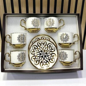 Elegant gold, white turkish tea cup set ,6 cup with matchin saucer , luxury coffe set