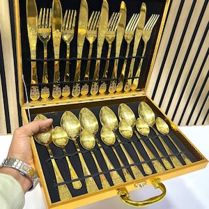 24 Teiliges Luxus Goldbesteck Set in Geschenk Box Gravierte Edelstahl Besteck Elegantes Gold Silber Besteck Set für 6 Hochzeit