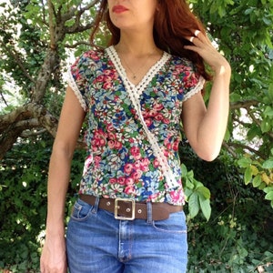 French 1930s printed floral rayon wrap blouse