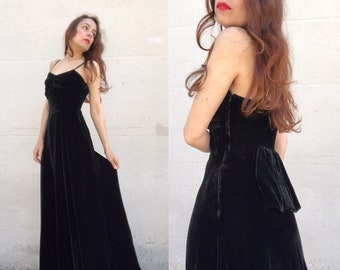 FILM NOIR 1930s French black silk velvet maxi dress cut out back