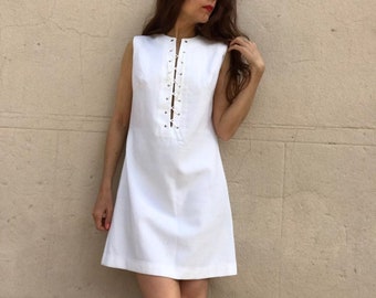 1960s French white safari saharienne mods mini dress