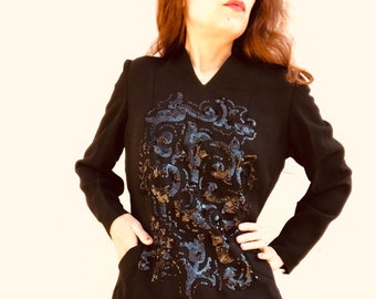 French 1940s Film Noir silk sequined blouse