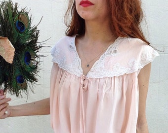 French 1970s does 1930s French pink silk gown romantic lace