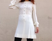 BABYDOLL 1960s French IVORY crepe and lace with rinestones mini dress Sz S