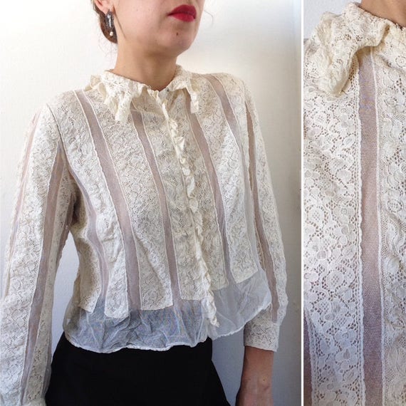 Antique French Fabulous 1900s Lace and Mesh Chemisier / Blouse XS 