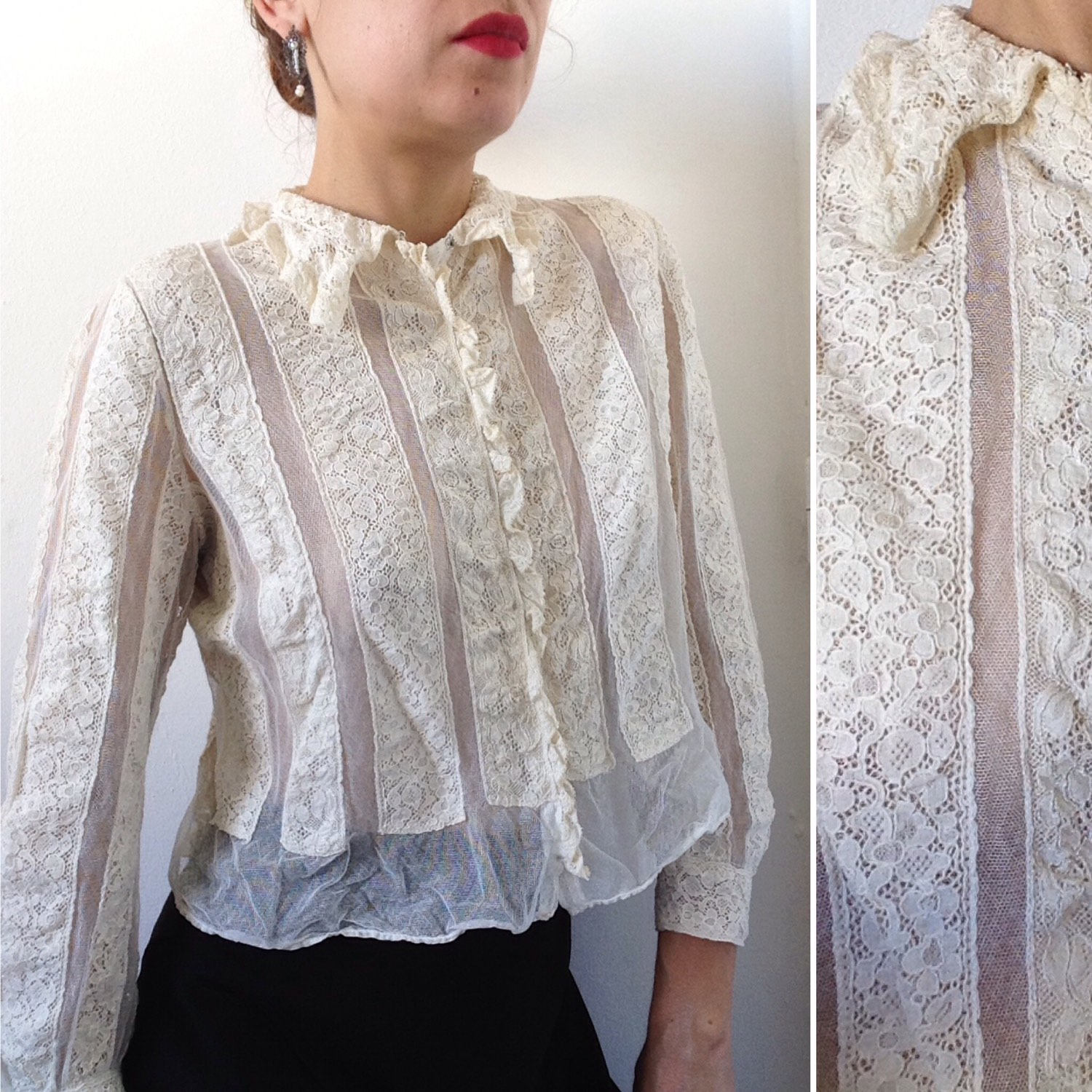 Antique French Fabulous 1900s Lace and Mesh Chemisier 