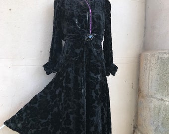 Stunning 1920s French burnout Silk velvet dévoré bishop sleeves dress Sz S