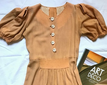 AS IS 1940s French Vtg apricot rayon crepe cut out sleeves dress Sz S