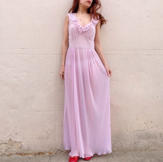 1940s French purple rayon gown ruffles