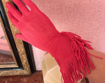 Gants vintage rose foncé à franges en filet, français des années 40