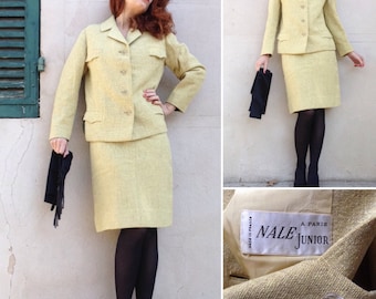 1940s NALE Paris fantastic yellow suit jacket/ skirt stars buttons Sz S