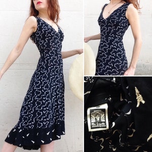 French vtg 1970s does 1940s novelty print Eiffel Tower Paris black rayon bias cut dress XS image 1