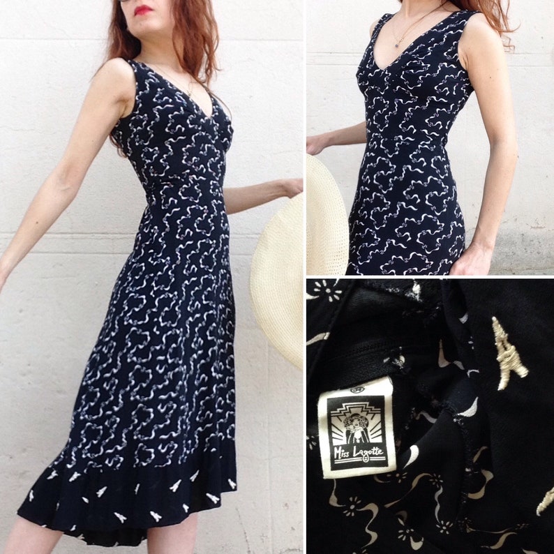 French vtg 1970s does 1940s novelty print Eiffel Tower Paris black rayon bias cut dress XS image 1