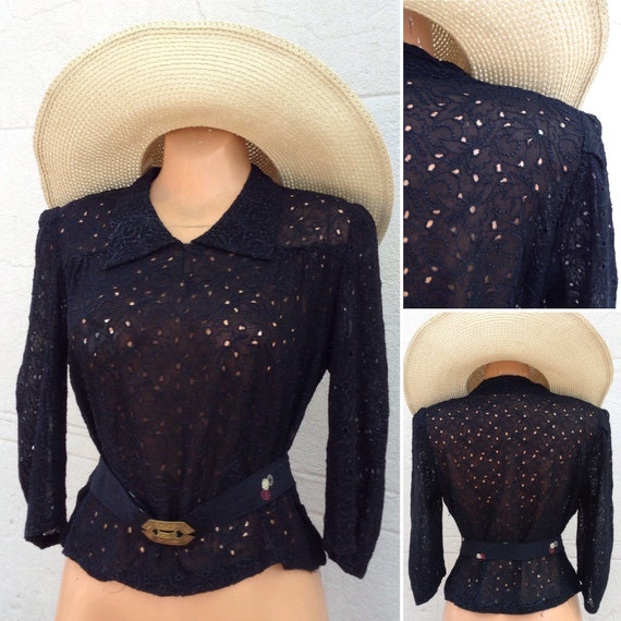 French 1930s black silk crepe cut out lace embroid
