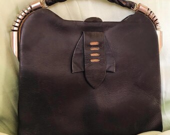 40’s French vintage handbag French Vtg 1940s Large Leather Handbag / Kelly 40s Bag/ Metal