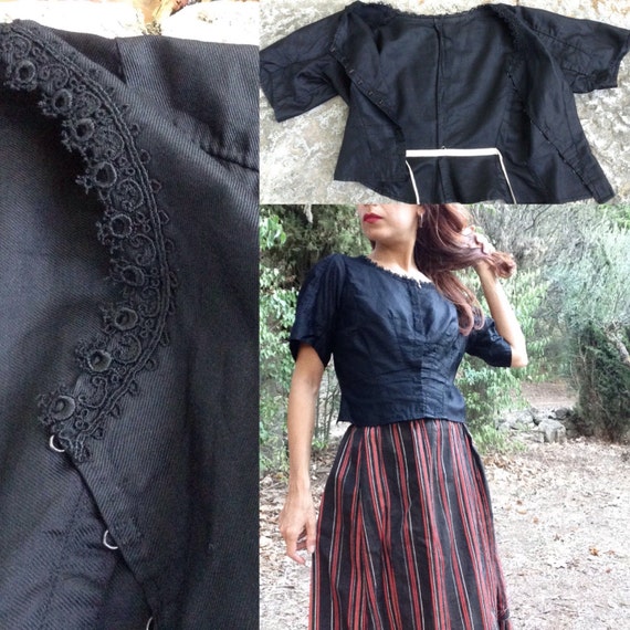 French 1900s peasant black cotton corset top - image 1