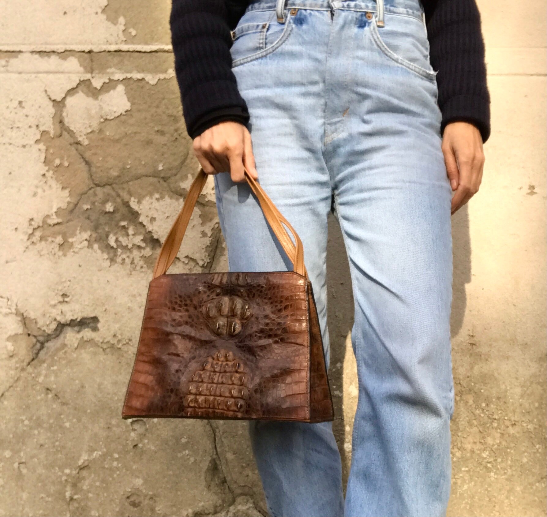 French Vtg 1940s Large Leather Handbag / Kelly 40s Bag