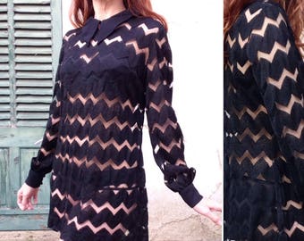 1960s French Vtg black silk zigzag mesh dress Sz S