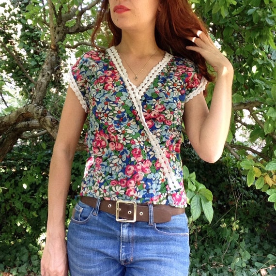 French 1930s printed floral rayon wrap blouse