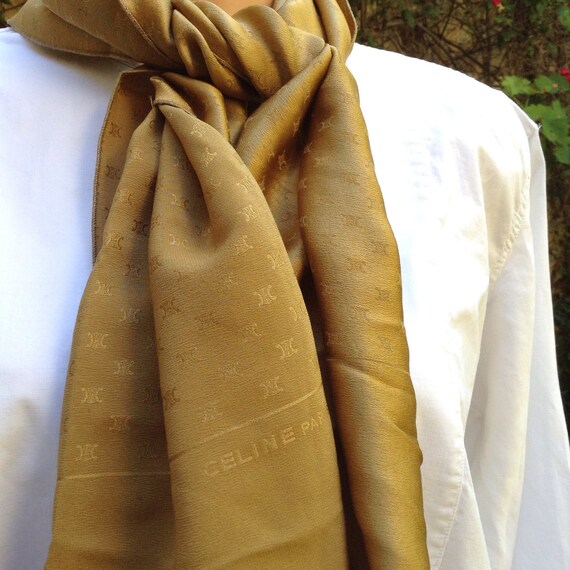 CELINE Paris VTG 1970s Womens Silk Scarf / Monogram Print Gold 