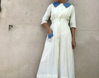 Antique cotton striped blue chambray denim 1900s peasant worker chore dress