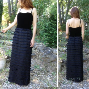 Jane BIRKIN style 1970s does 1920s French vtg black velvet and fringes maxi dress black
