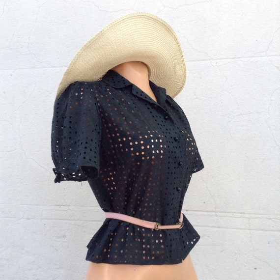 French 1930s black silk and cotton cut out lace em