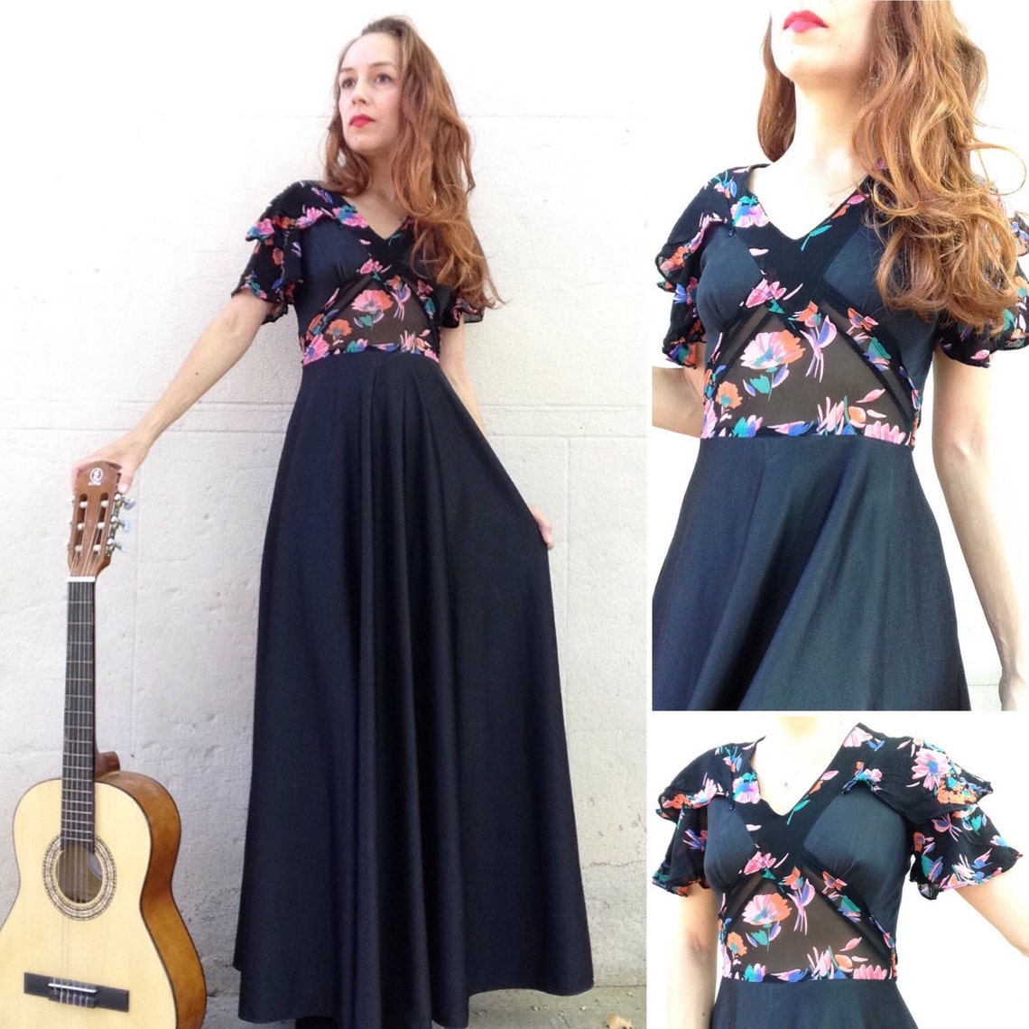 Amazing 70s maxi dress with black a pink flower power print.