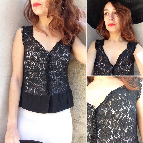 1940s French VTG black lace silk and cotton blouse