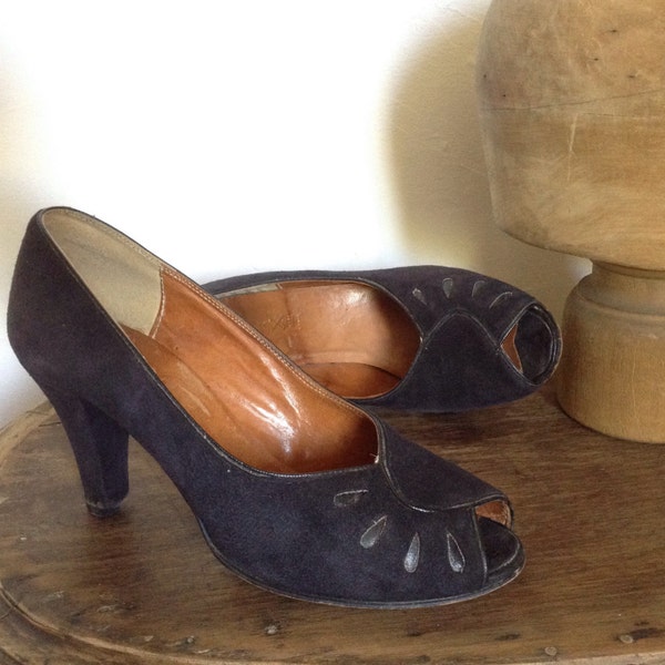 French 1970s does 40s black leather suede high heels shoes open toe