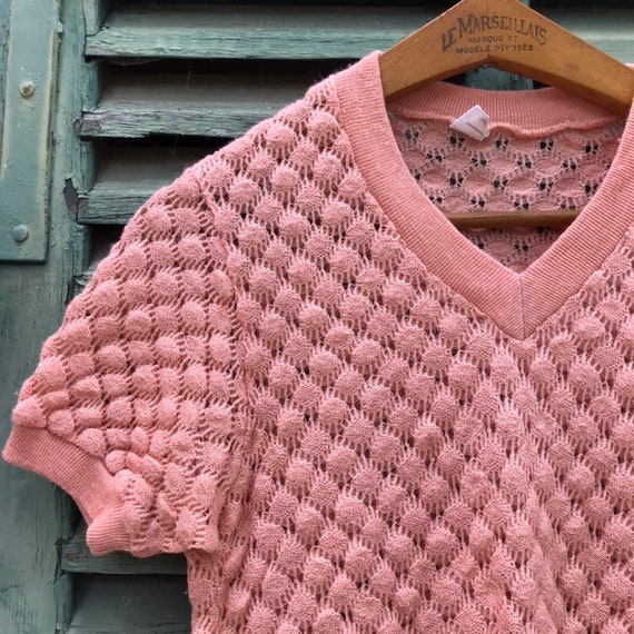 French vtg 1940s pink Knit sweater Size S - image 3