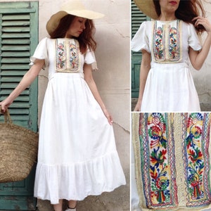 1970s hungarian embroidered gown // ivory cotton maxi dress shortsleeves