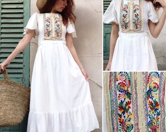 1970s hungarian embroidered gown // ivory cotton maxi dress shortsleeves