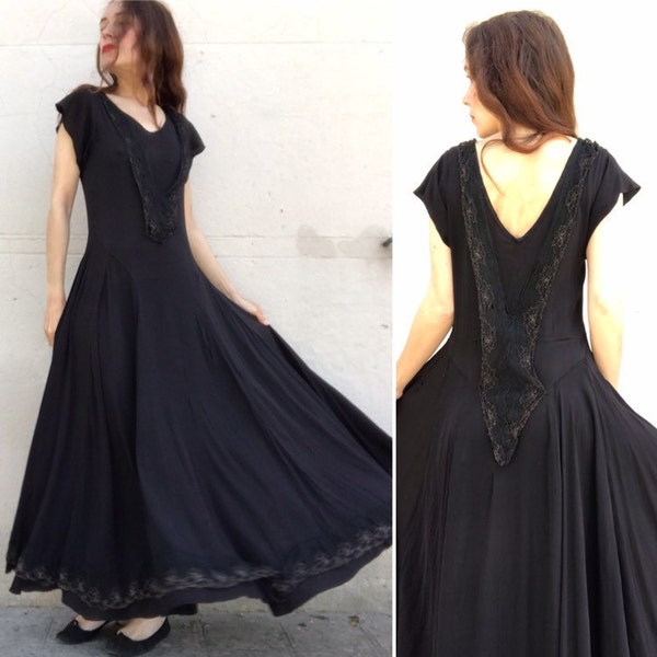 1920s French VTG black silk & gold lamé lace  // art deco maxi silk dress // bias cut AS IS