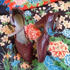 1940s French braided leather high heels shoes burgundy grey As New