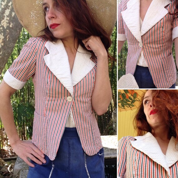 1940s blue red white stripes jacket size Small