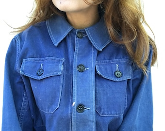 Denim Moleskin French 1930s blue jacket / cyclist / worker women sz Small