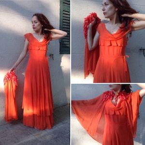 ETIENNE Couture French VTG 1970s coral silk ruffles + capelet maxi dress