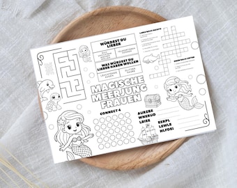 Placemat Magical Mermaids to Print A3/A4 PDF, Coloring Pages, Puzzles & Games, Children's Placemat, Mermaid Party Activity