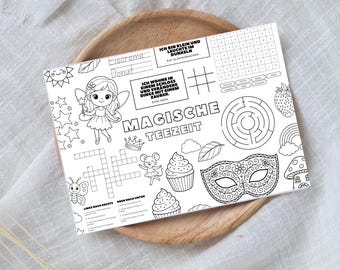 Platzset Magische Teezeit zum Ausdrucken – A3/A4 PDF, Feen, Zauber, Spiele & Ausmalbilder, Kinder Tischset, Märchen Party Beschäftigung