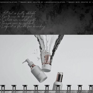 May include: Three white cosmetic bottles with pump dispensers are suspended in mid-air amidst a splash of clear water. The top section features text: All text is fully editable, Fonts can be changed, Colors are customizable, Images can be replaced, Layout is flexible for branding.